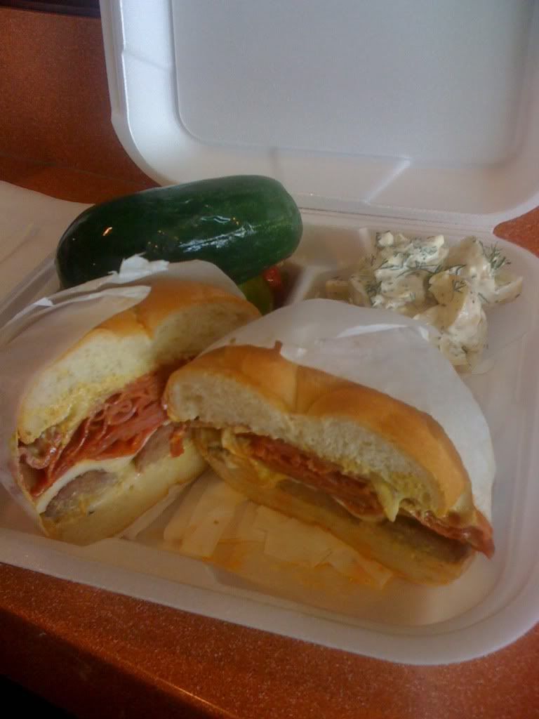 Cold Fingerling Potato Salad with Dill behind a Naked Royal from Naked City Sandwich Shop Cold Fingerling Potato Salad with Dill behind a Naked Royal from Naked City Sandwich Shop