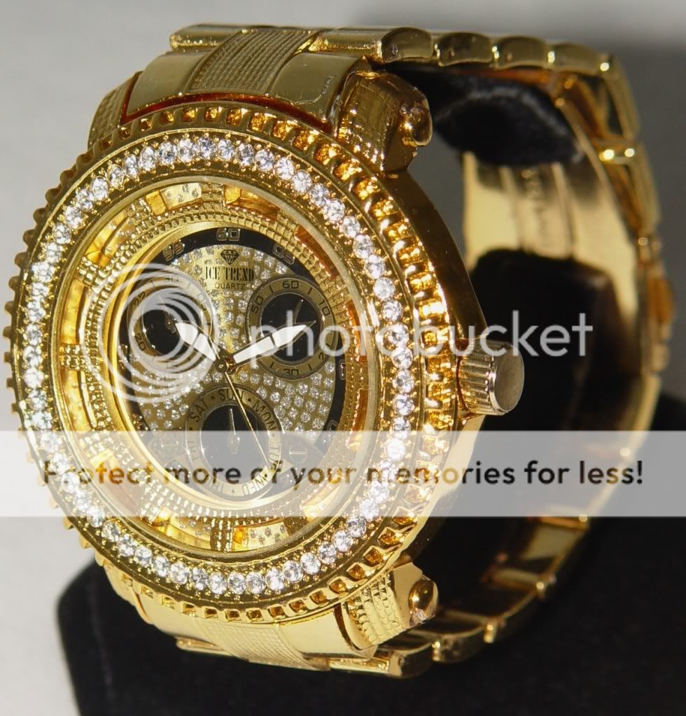 Mens Iced Out Hip Hop Diamonds Gold Tone Band 50 Cents Techno Ice Trend Watch
